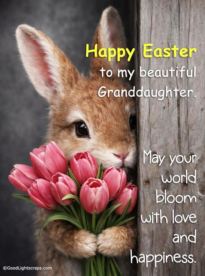An Easter greeting card for granddaughter with a bunny holding tulip flowers