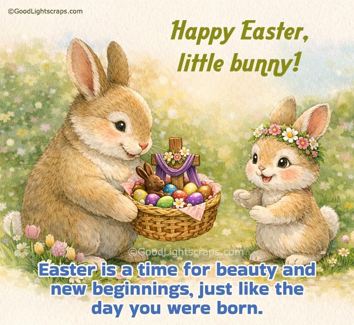 An Easter greeting card for grandchildren featuring a big bunny is giving Easter gift to a little one
