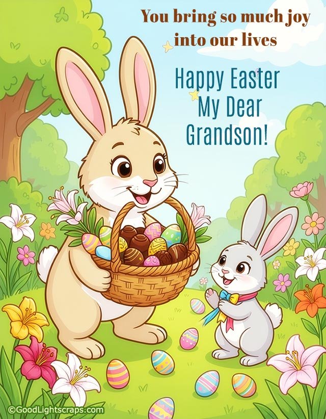 A colorful Easter image with cute message for grandson with bunny gifting Easter Eggs