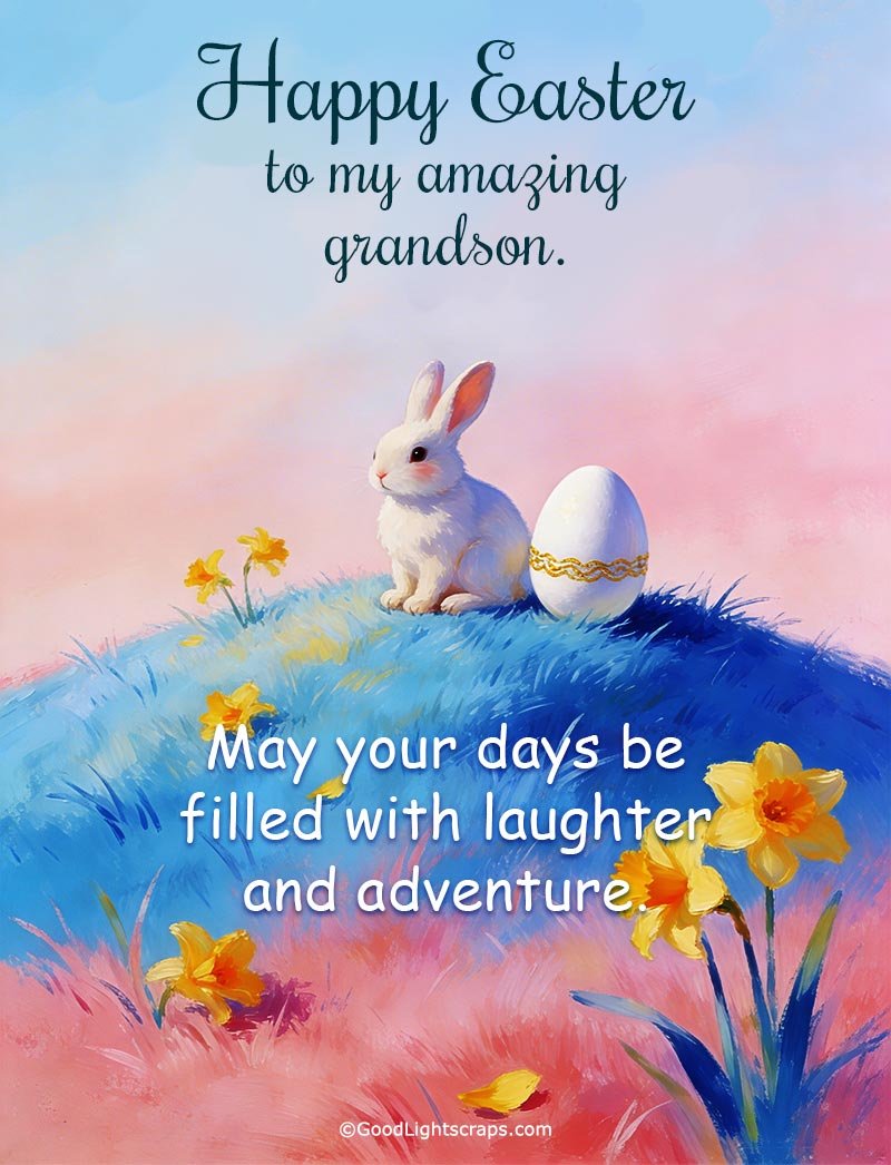 A minimalistic Easter image with cute message for grandson with bunny sitting with an Easter egg