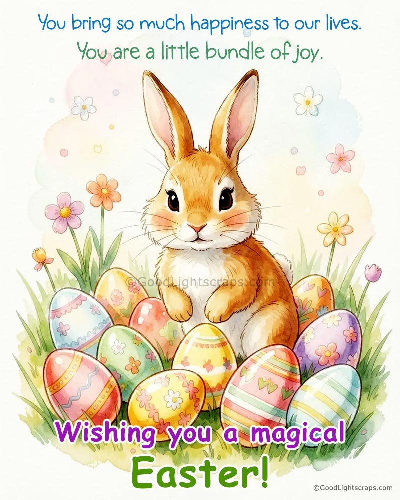 An Easter image with cute easter bunny sittig with lots of easter eggs with a magical Easter Wish for Grandson
