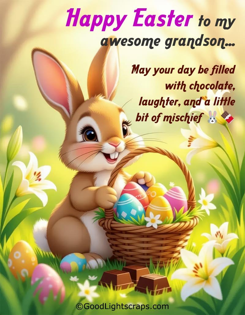An Easter image with cute easter bunny sittig with lots of easter eggs with a cute sweet Easter message for Grandson