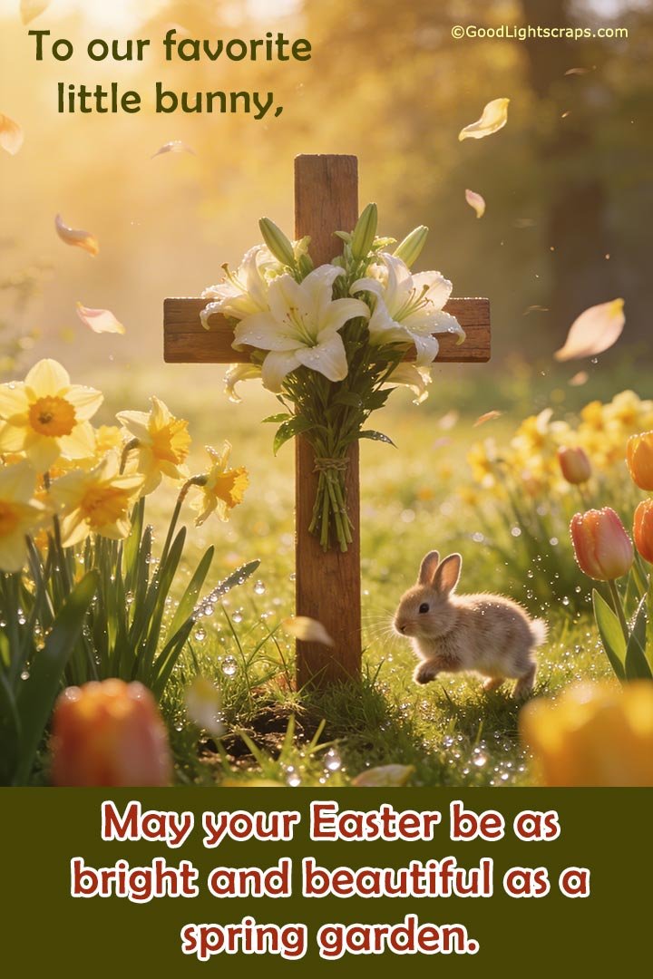 An Easter greeting message with an early morning spring scene, A wooden cross with lilly flowers standing on the grass with a little bunny playing around it