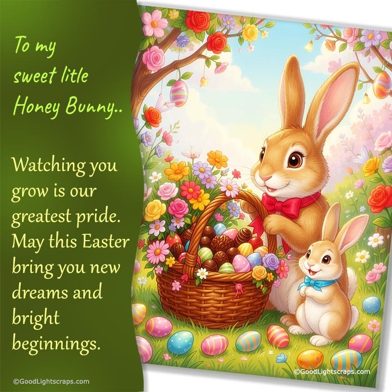 An Easter greeting message with an early morning spring scene, A wooden cross with lilly flowers standing on the grass with a little bunny playing around it