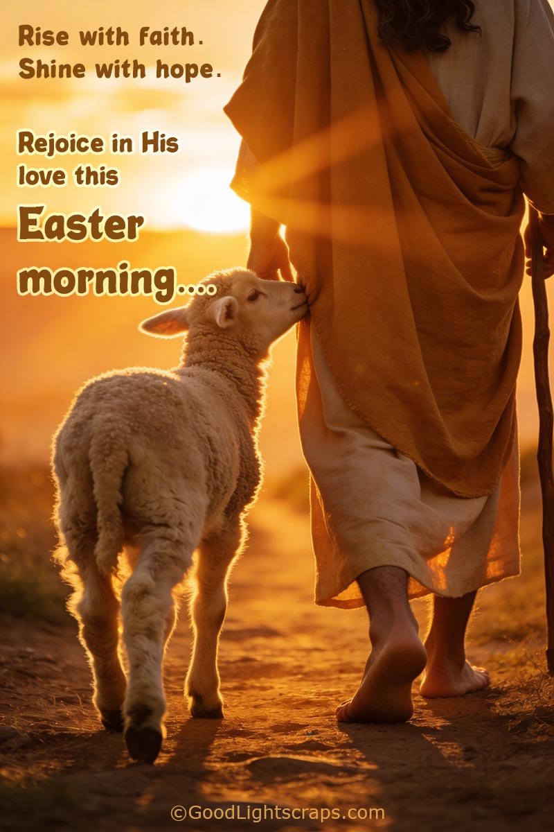 An Easter sunday morning wish with an image of Jesus walking with a lamb in a beautiful sunlit morning