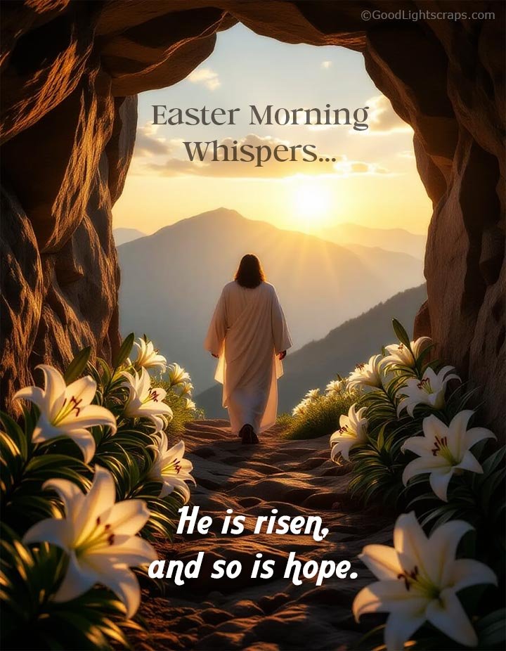 An Easter sunday morning wish with an image of Jesus is risen and walking towards a beautiful sunrise