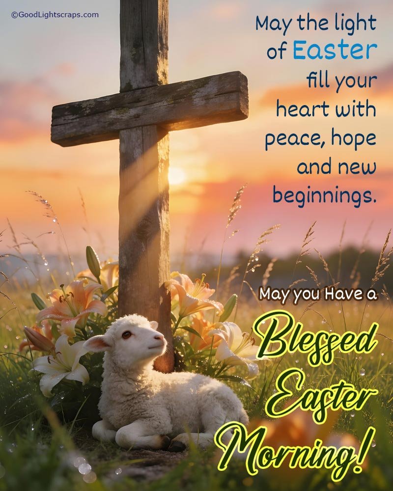 An Easter sunday morning wish with an image of a woodedn cross with wrapped cross and a lamb is sitting near it looking at beautiful sunrise