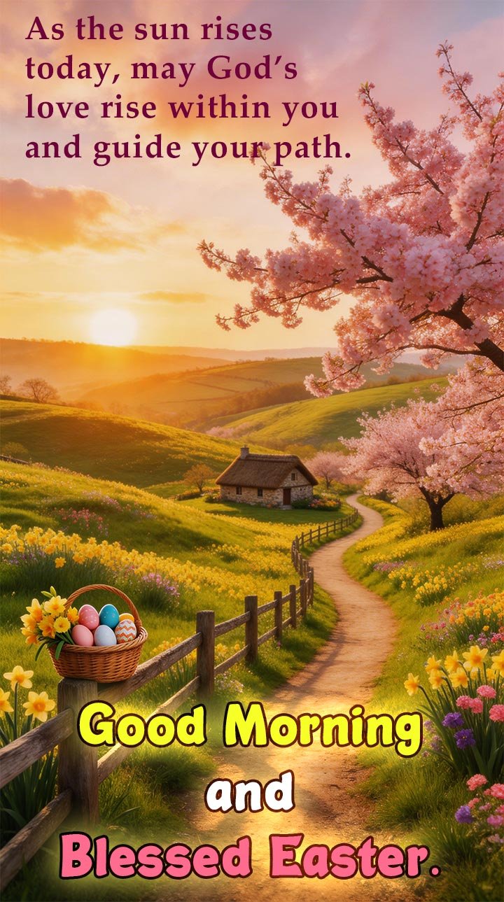 A beautiful country road illuminated in early morning sun with an Easter good morning blessing message
