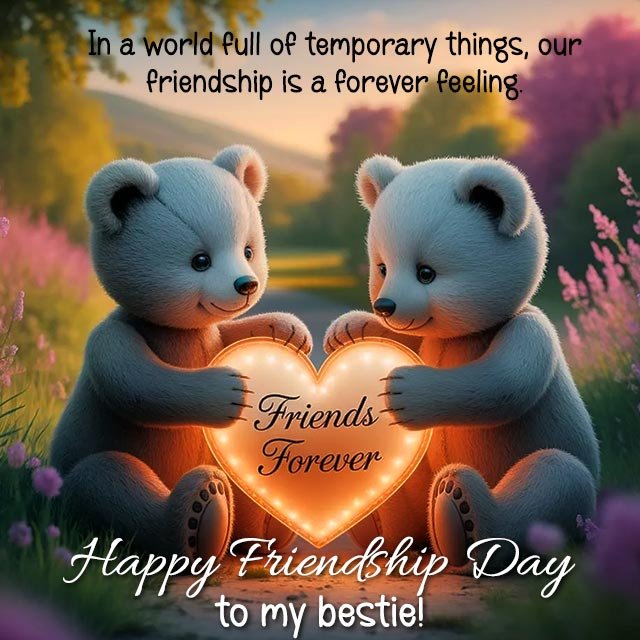 A Friendship Day image with two cute bear friend holding a heart saying 'Friends Forever' 