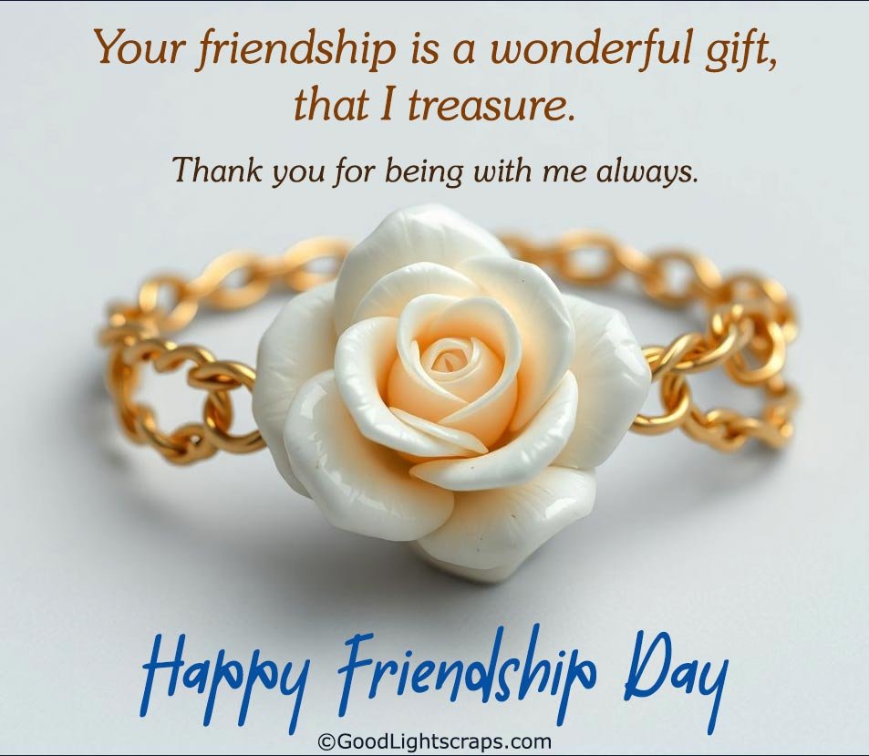 A Friendship bracelet with white rose and a text message 'Your friendship is a wonderful gift, that I treasure. Thank you for being with me always!' 