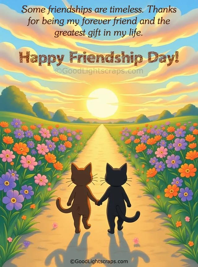 a colorful friendship day greetings image with two cute kitten walking together towards sunrise