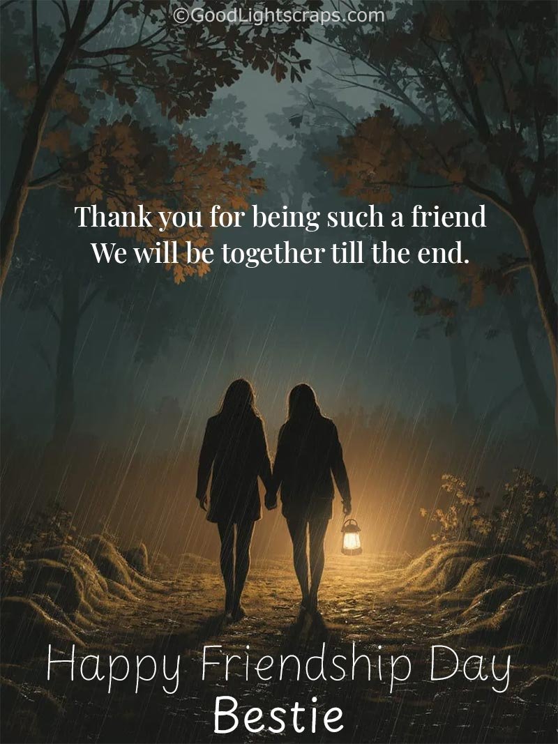 a friends forever greeting card with message: Thank you for being such a friend We will be together till the end. Happy Friendship Day Bestie! 