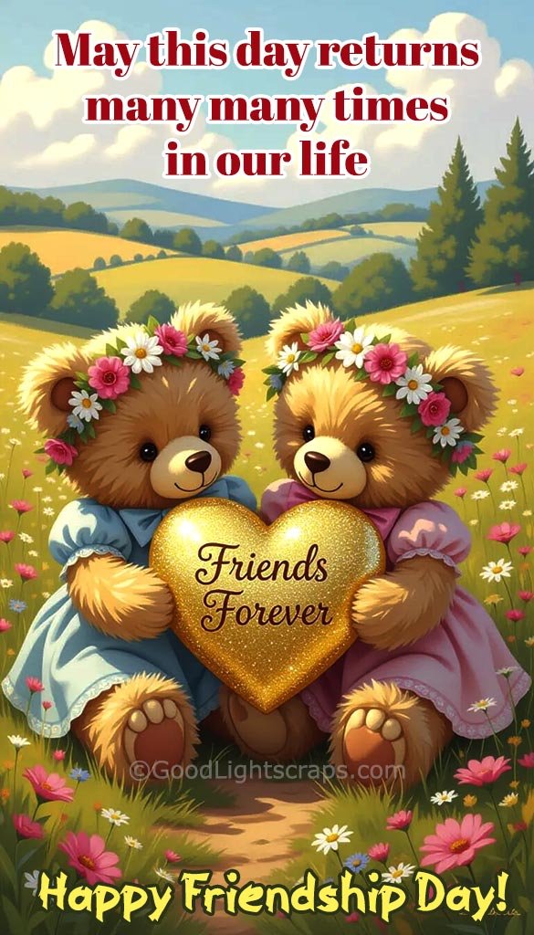 a friendship day greeting card with message: May this day returns many many times in our life. Happy Friendship Day! 
