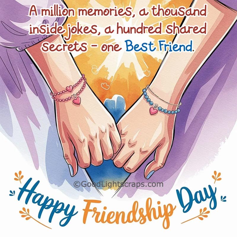 a friendship day greeting card with message: A million memories, a thousand inside jokes, a hundred shared secrets - one Best Friend. Happy Friendship Day! 