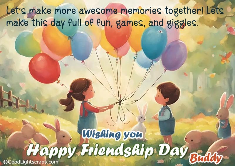 cartoon image of two cute children playing together with balloons, a cute friendship day image greeting card with text 'Let’s make more awesome memories together! Lets make this day full of fun, games and giggles.. Happy Friendship Day Buddy!' 