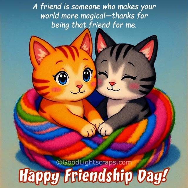 two kittens are sitting together, a cute friendship day image greeting card with text 'A friend is someone who makes your world more magical - thanks for being that friend for me. Happy Friendship Day!' 