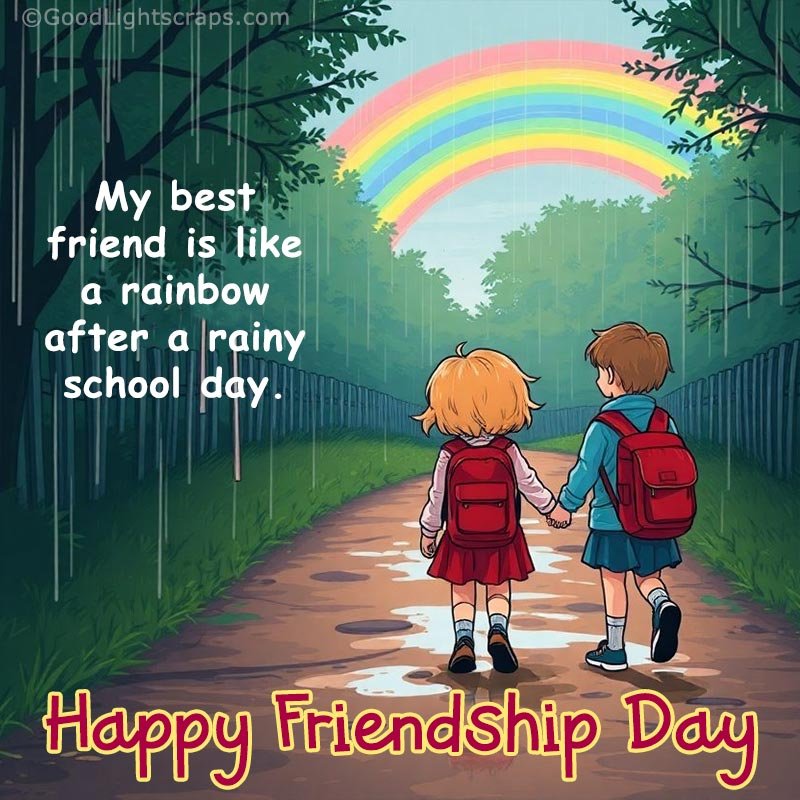 cartoon image of two cute children going school together, a cute friendship day image greeting card with text 'My best friend is like a rainbow after a rainy school day. Happy Friendship Day!' 