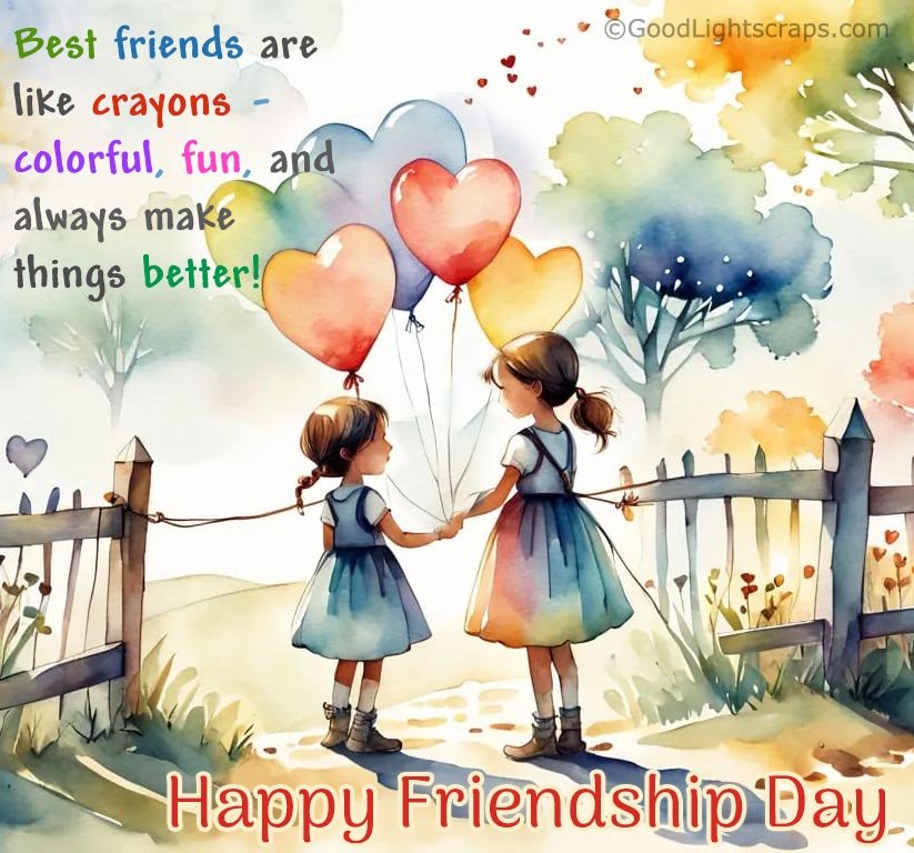 two girls with balloons, water colour friendship image with text 'Best friends are like crayons - colorful, fun, and always make things better! Happy Friendship Day!' 