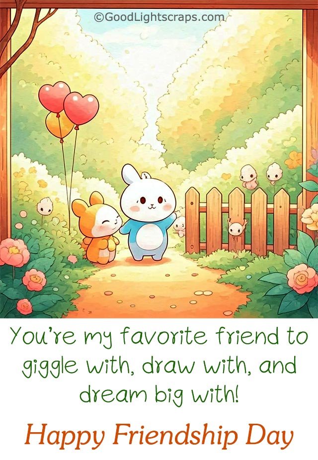 cartoon friendship image with text 'You’re my favorite friend to giggle with, draw with, and dream big with! Happy Friendship Day!' 