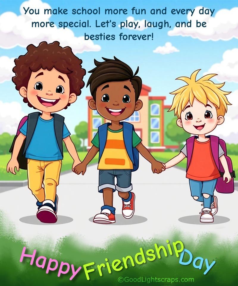 Three cute children going school together, a cute friendship day image with text 'Let's play, laugh and be besties forever! Happy Friendship Day!' 