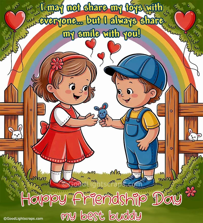 cartoon image of two cute children gifting a toy to others, a cute friendship day image greeting card with text 'Happy Friendship Day my best buddy!' 