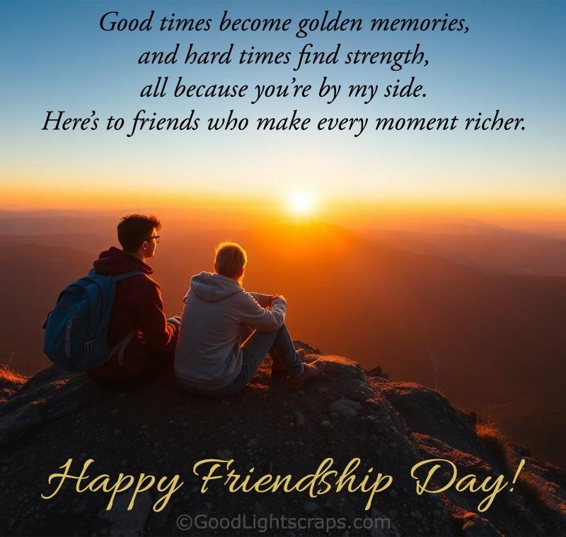 some friends having a good time together watching sunset from a hill - A Friendship Day greeting card