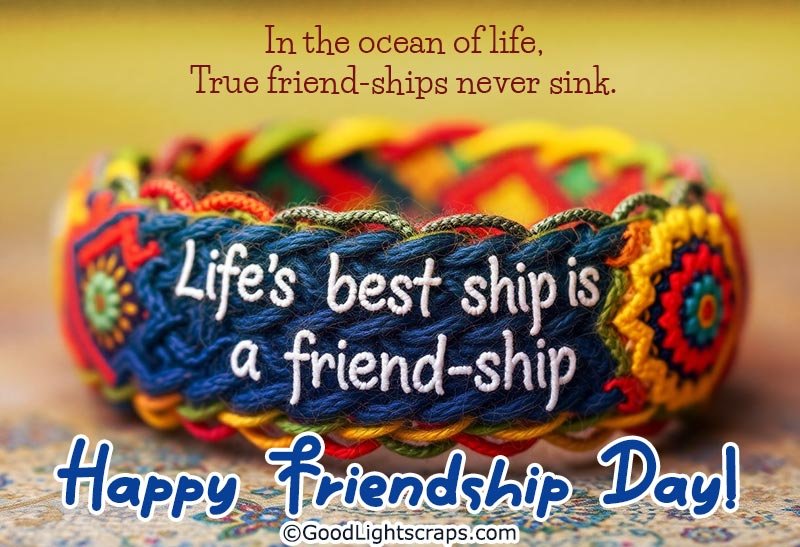 Friendship Day greeting card with a colorful friendship bracelet, featuring the text: Life’s best ship is a friend-ship and a wish: Happy Friendship Day!