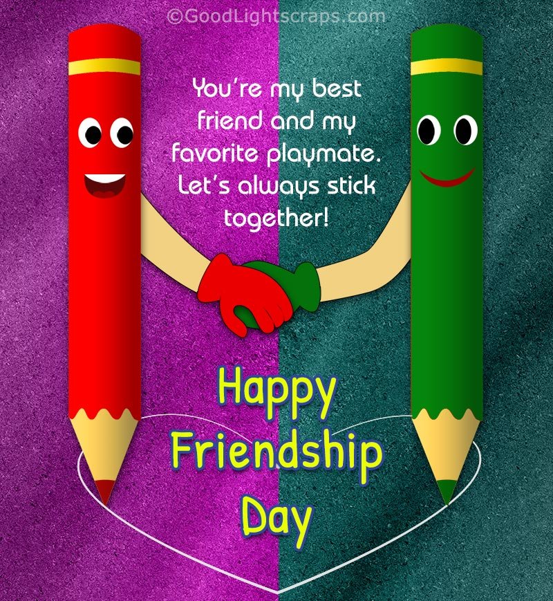 A friendship day greeting card for kids featuring a quote: You’re my best friend and my favorite playmate. Let’s always stick together! Happy Friendship Day!