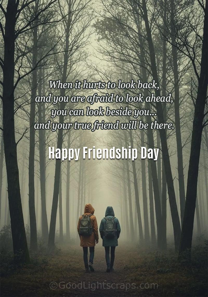 meaningful friendship image of two friends walking together through a foggy dark forest with a featuring a quote: about true friendship
