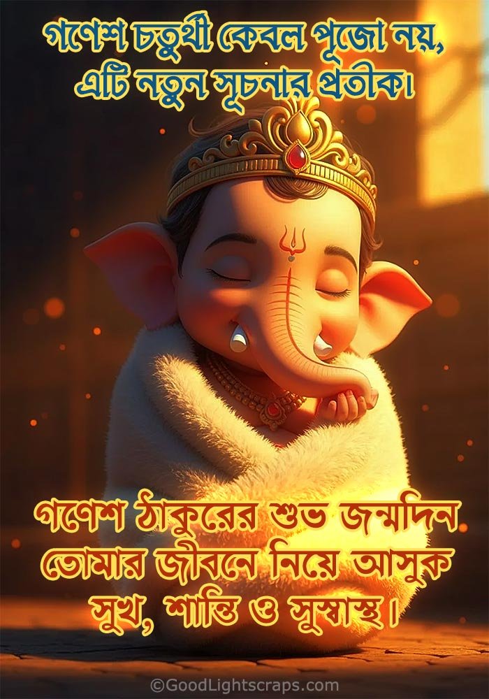 subho ganesh chaturthi image greeting with text message in bengali : 'গণেশ চতুর্থী কেবল পূজো নয়, এটি নতুন সূচনার প্রতীক। গণেশ ঠাকুরের শুভ জন্মদিন তোমার জীবনে নিয়ে আসুক সুখ, শান্তি ও সুস্বাস্থ।' 