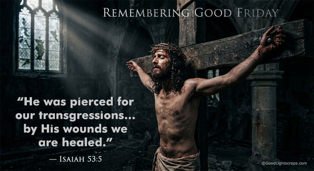 Jesus Christ with crown of thorns or a cross with a quote: 'by His wounds we are healed'