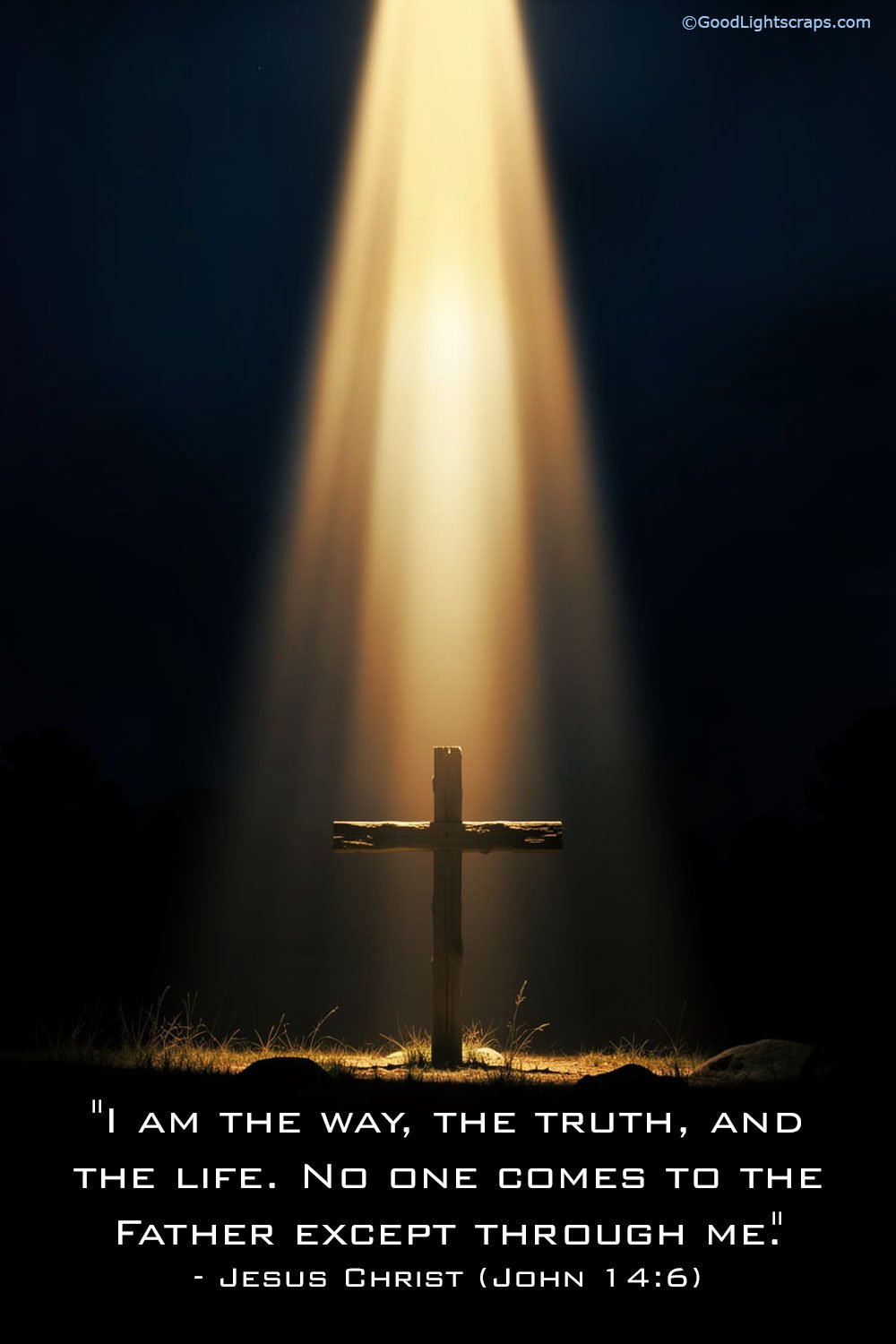 Motivational Good Friday Card with a Cross under a beam of light with Bible verse John 14:6 'I am the way, the truth, and the life' 