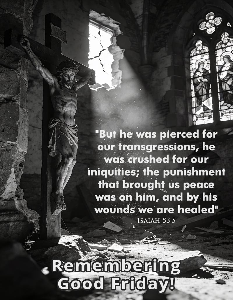 Good Friday image of Jesus on the cross inside an old church with light rays and Isaiah 53:5 Bible verse about sacrifice and healing