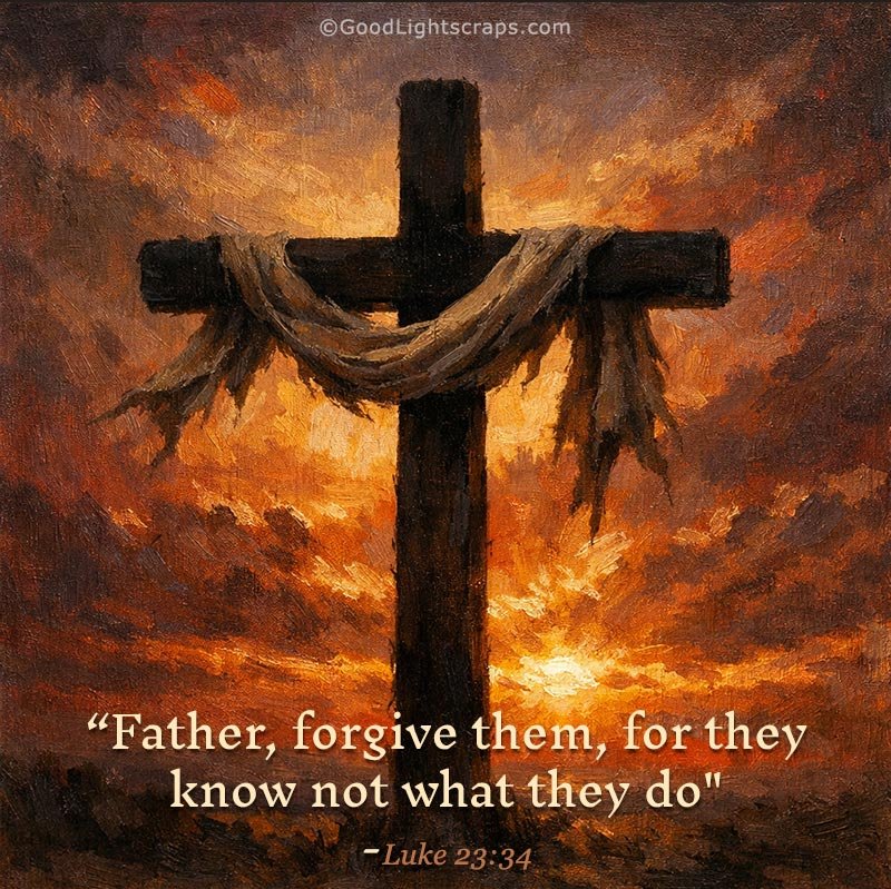 A warm sunset and a cross wrapped with torned cloth - with a Good Friday reflection quote from Luke 23:34