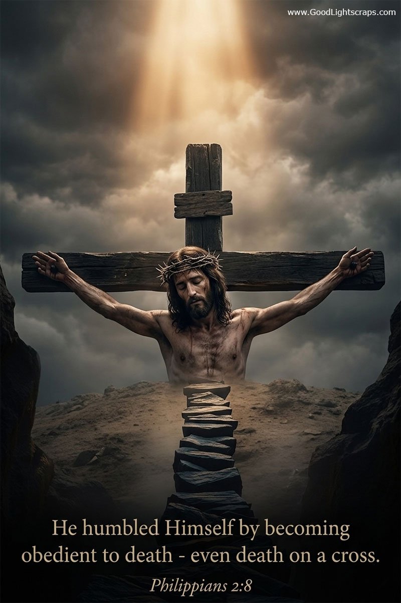 Jesus Christ on the cross with Philippians 2:8 Bible verse about sacrifice and obedience