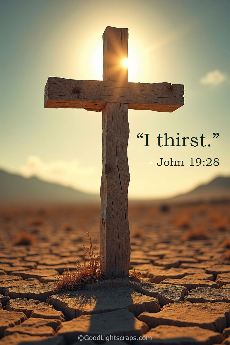 Wooden cross standing on dry cracked desert ground representing suffering and thirst, with Bible verse John 19:28