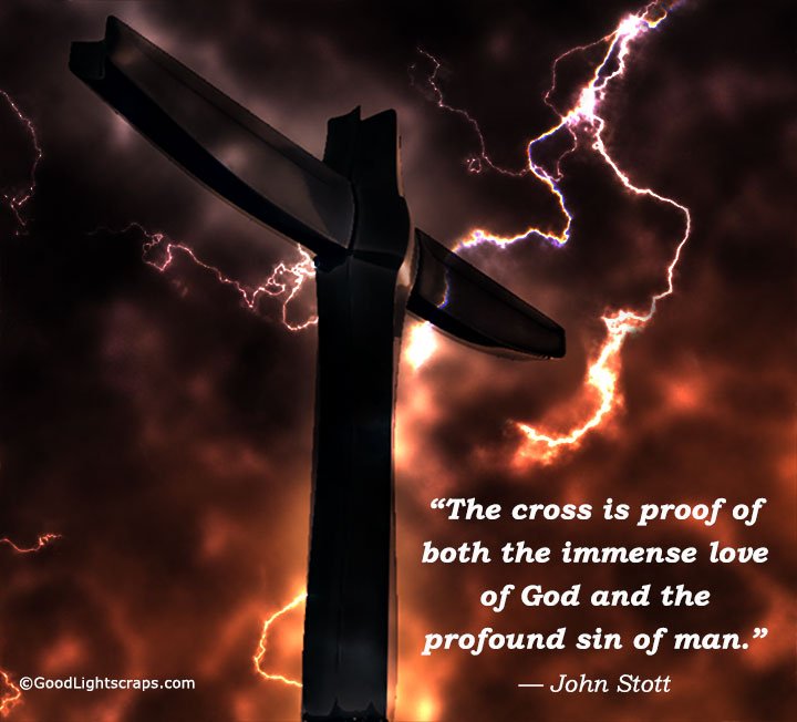 A good friday quote about Love of God and Sin of Man with an image of cross in dark cloudy & stormy background