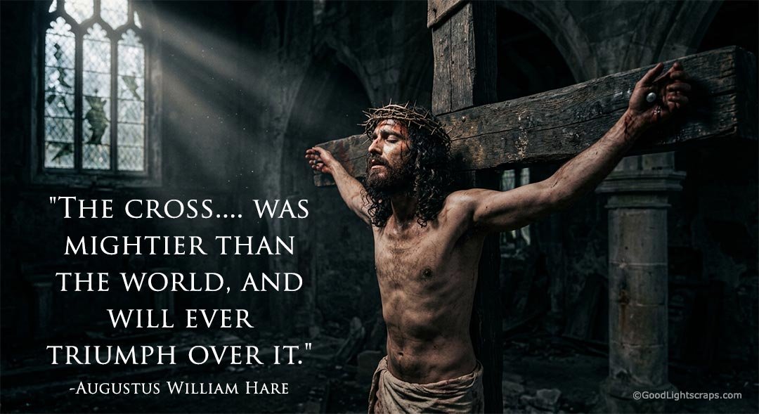 Jesus Christ on the cross with quote by Augustus William Hare about the power of the cross