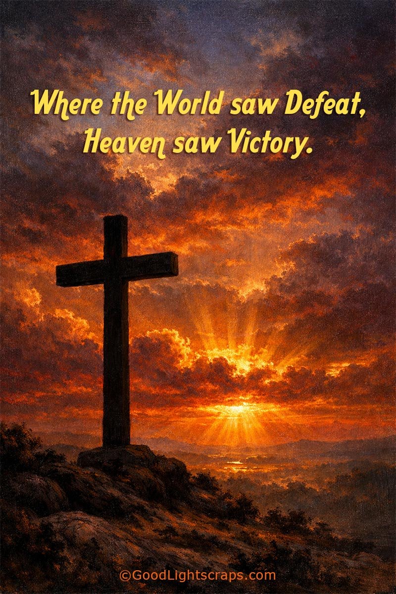 A powerful image of a wooden cross under a dramatic clouded sunset sky with a quote 'Where the World saw Defeat, Heaven saw Victory.'