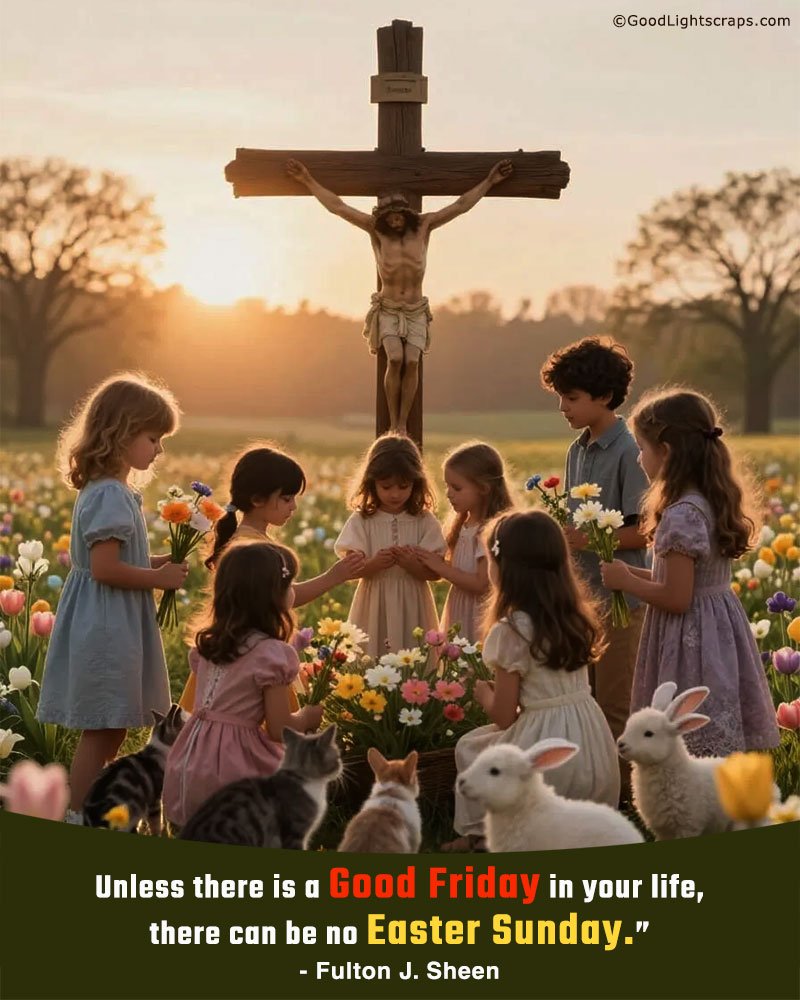 A beautiful morning, children and small animals are playing near a Cross of Jesus Christ