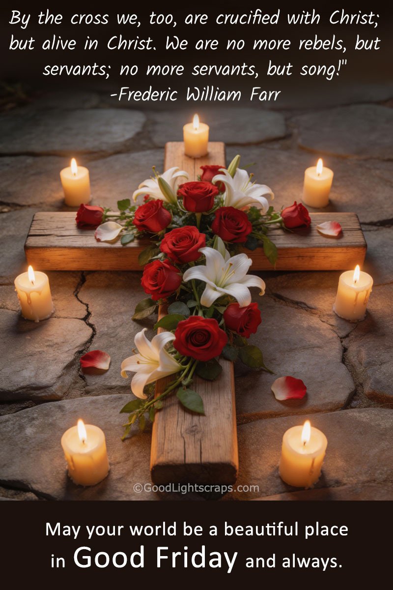 A Cross of Jesus Christ adorned with flowers and surrouned by candles with a powerful quotes from Frederic William Farr