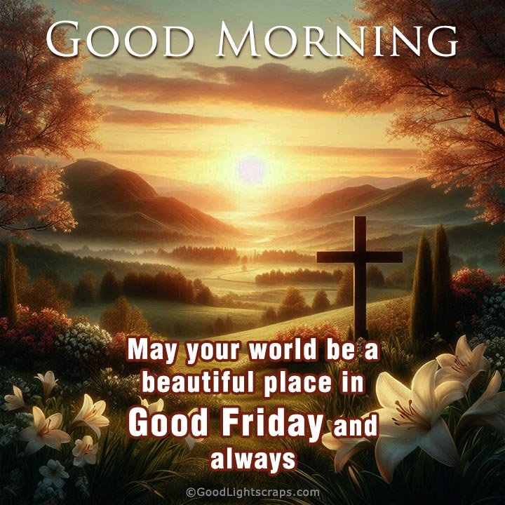 A good friday morning blessing with sunrise landscape with beautiful flowers and a wooden cross.