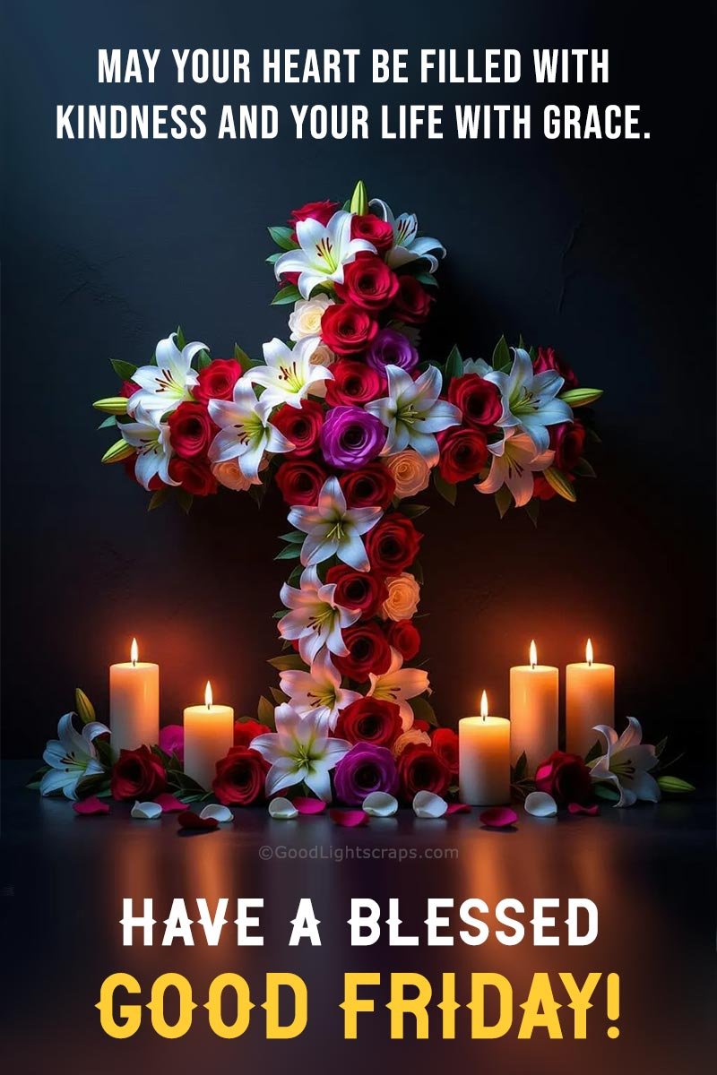 A good friday kindness message with a cross adorned with flowers and surrounded by candles