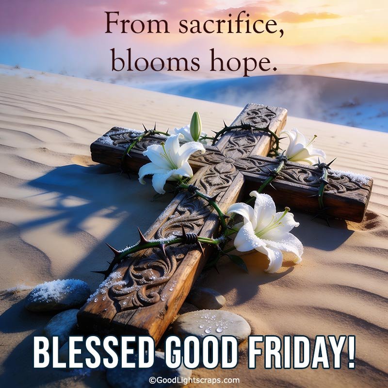 Good Friday blessing messages with a photo of wooden cross in a desert sand dune