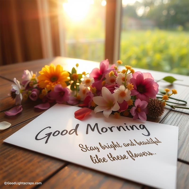 Good morning flower greeting card with colorful flowers and handwritten message on an envelope
