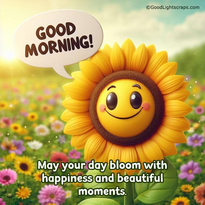 A beautiful flower valley scene with a sunflower smiley saying good morning