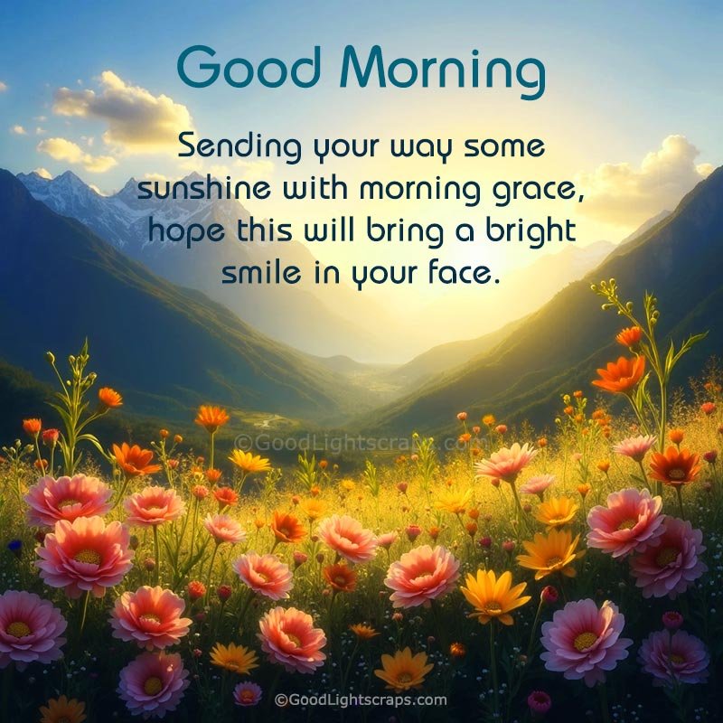 A beautiful flower garden scene with a sunflower smiley saying good morning