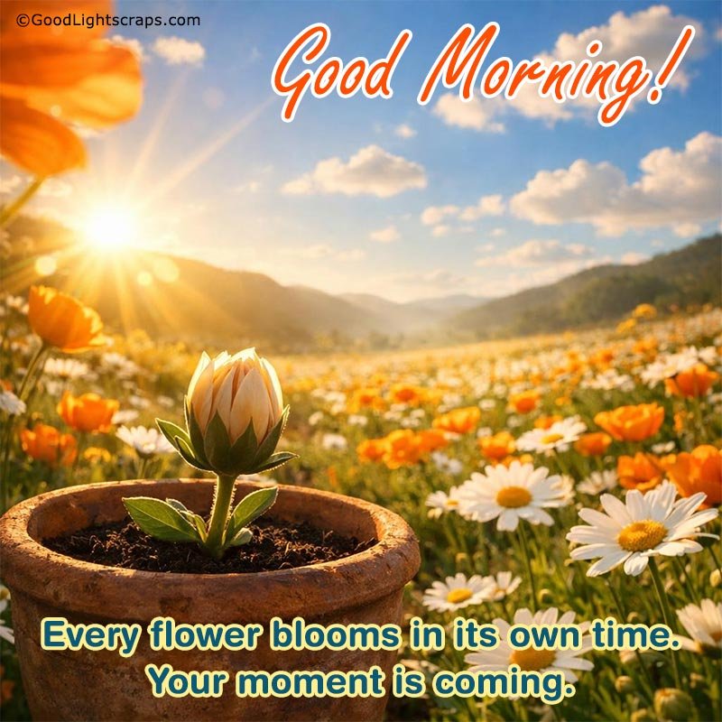 A good morning wish with flowers and a heart touching message 'Good Morning! Every flower blooms in its own time. Your moment is coming.'