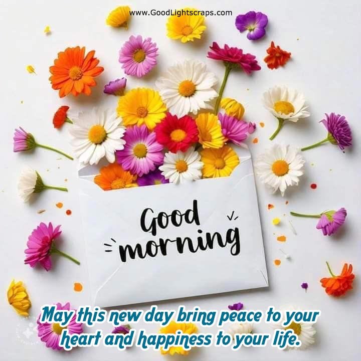 A beautiful flower garden scene with a sunflower smiley saying good morning