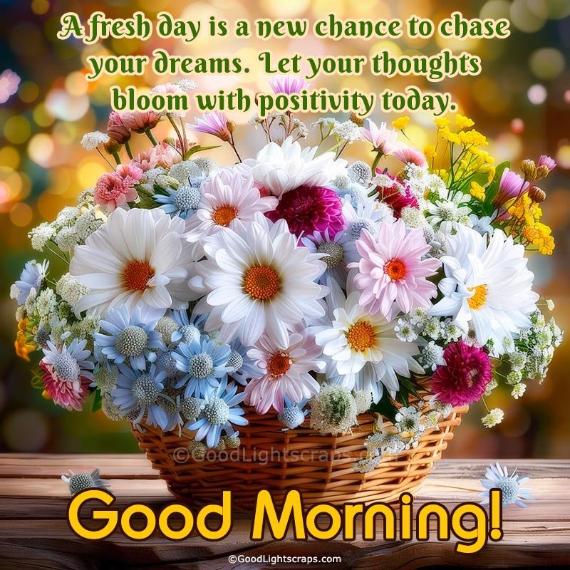 Colorful flower bouquet in a basket with inspirational good morning quote and greeting text